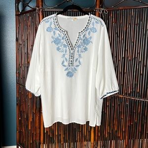 Women’s White and Blue Embroidered Blouse